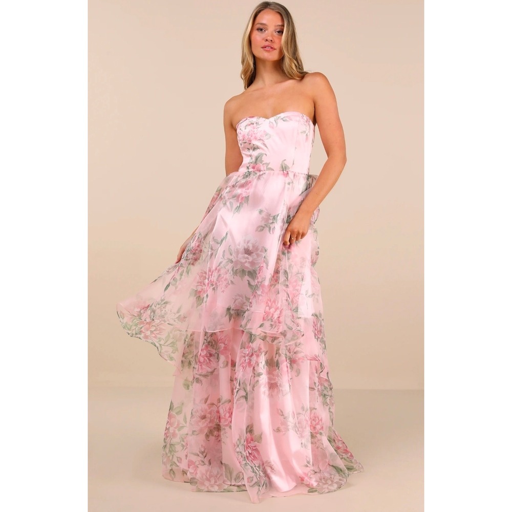 Lulus Truly Extraordinary Pink Floral Organza Strapless Maxi Dress Medium Womens